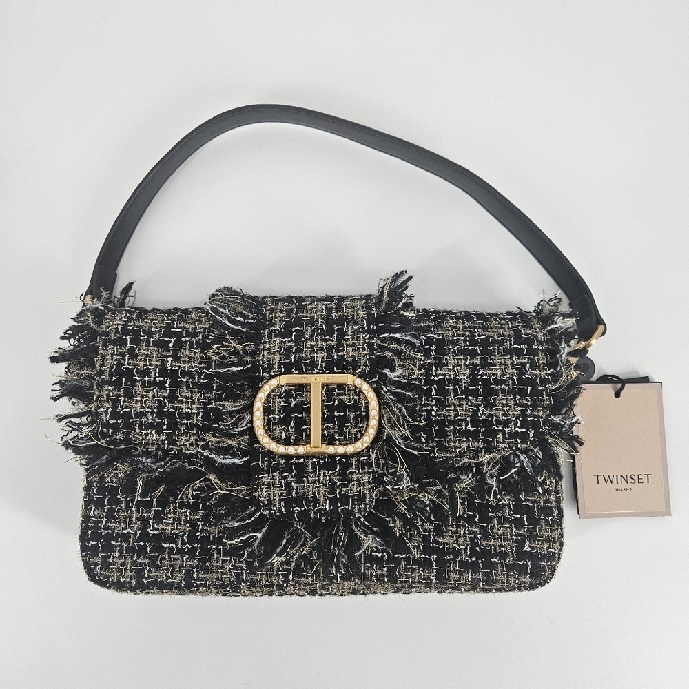 Twinset Black Tweed Medium Amie Shoulder Bag NWT